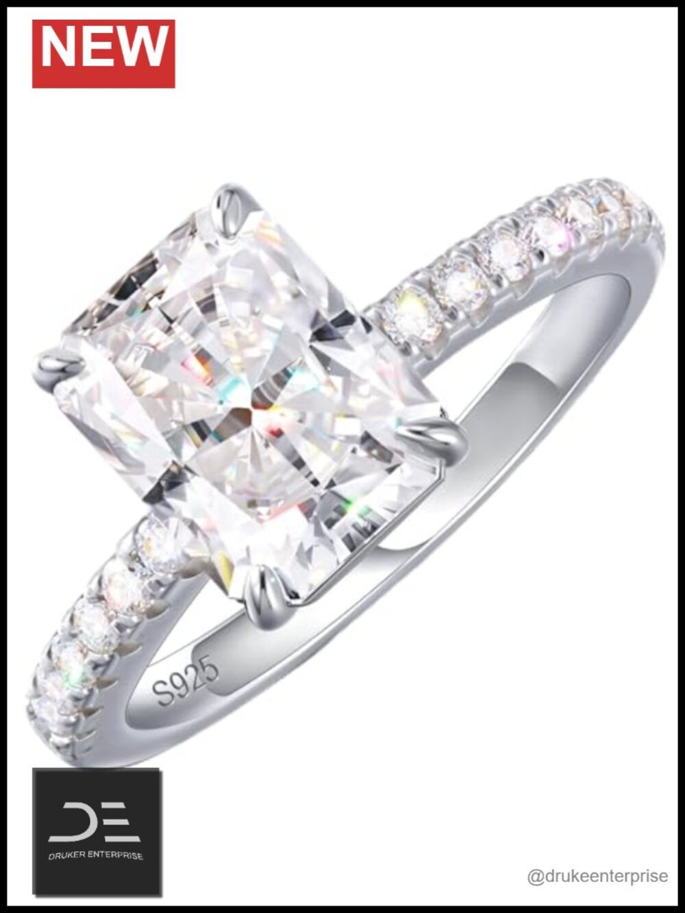 Sterling Silver Moissanite Engagement Ring 18K White Gold Plated Radiant Cut
